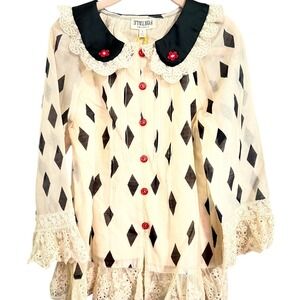 Finding Foxtale Kids Girls Black Diamond Print Ruffle Lace Collar Blouse Size 6